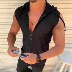 Men’s Solid Color Zipper Drawstring Bodybuilding Hooded Vest Top